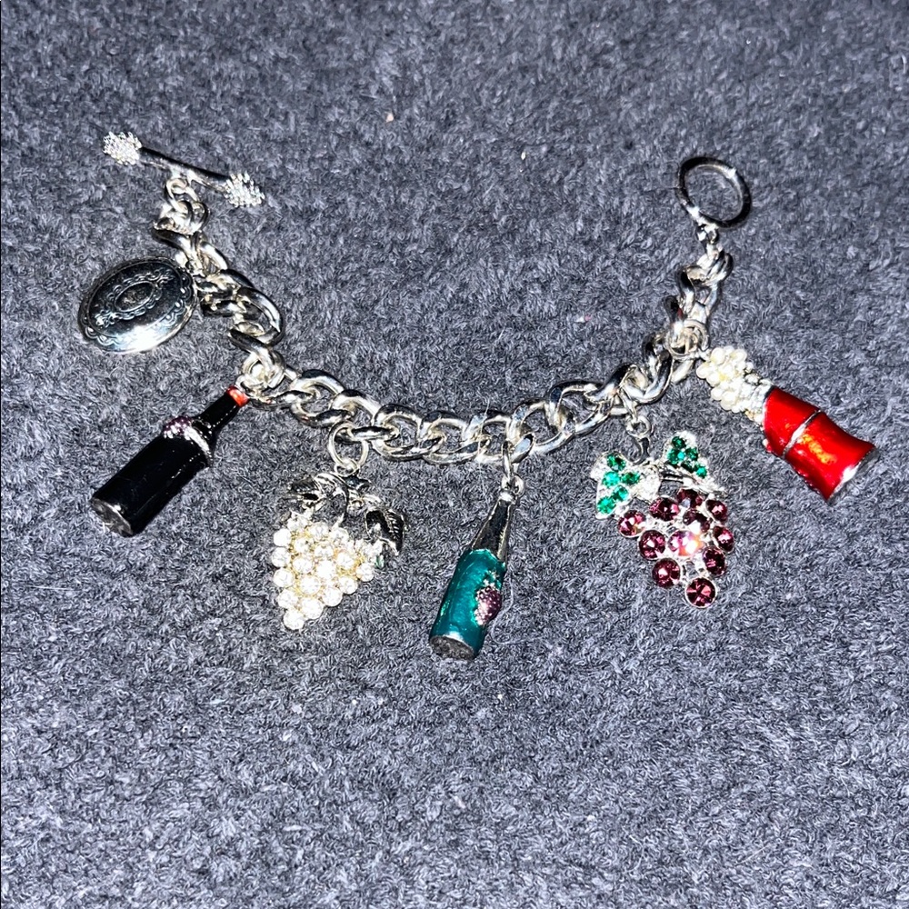 Vintage Silver Charm Bracelet with Wine and Grape Charms